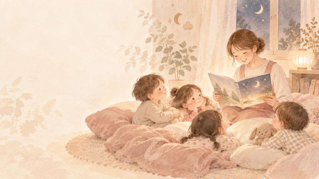 保育士が子どもたちにお話を読み聞かせている水彩イラスト